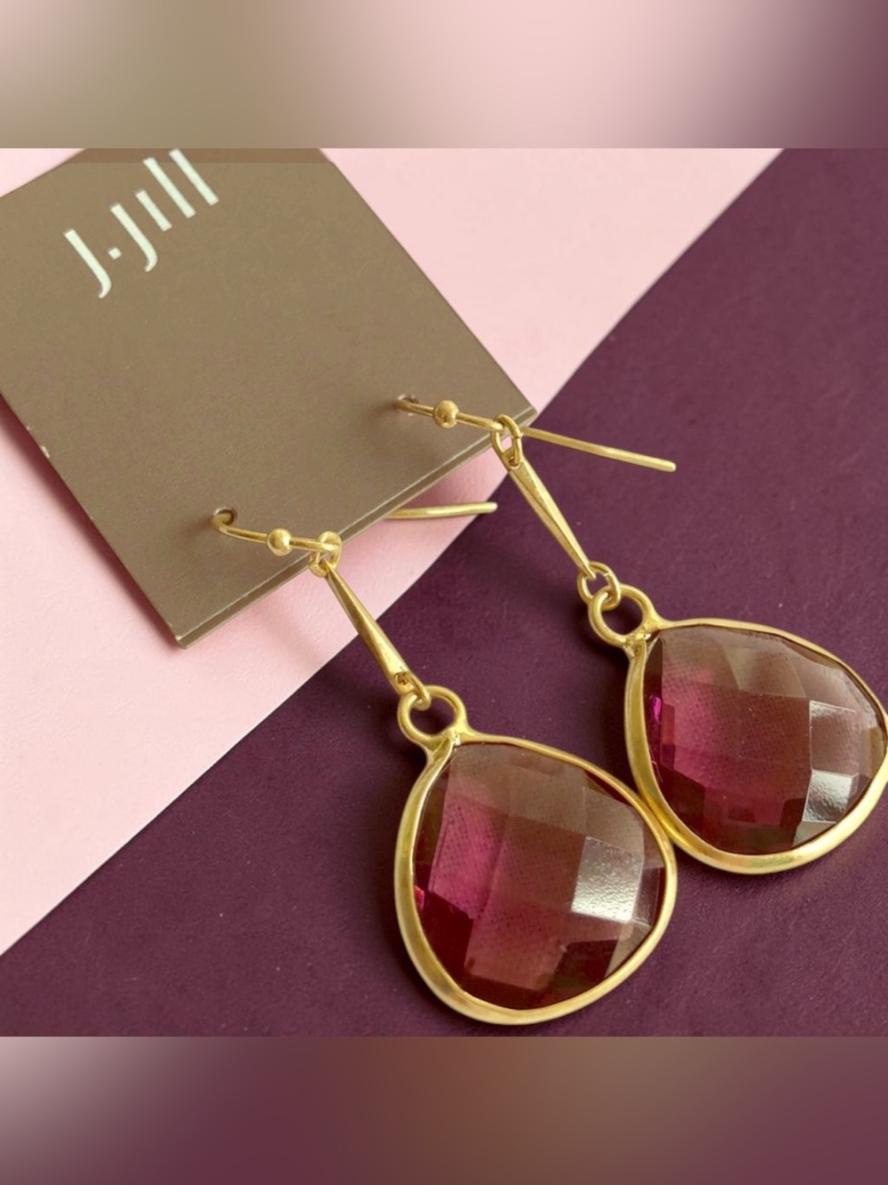 J.Jill Gold-Tone Plum Faceted Glass Teardrop Drop Earrings